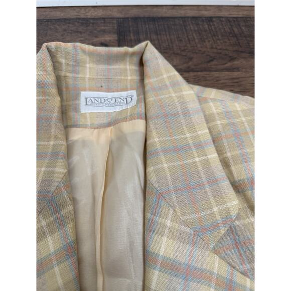 Vintage Lands End Women’s Blazer 100% Linen Yellow Jacket One Button Plaid Sz 6P - Picture 3 of 7